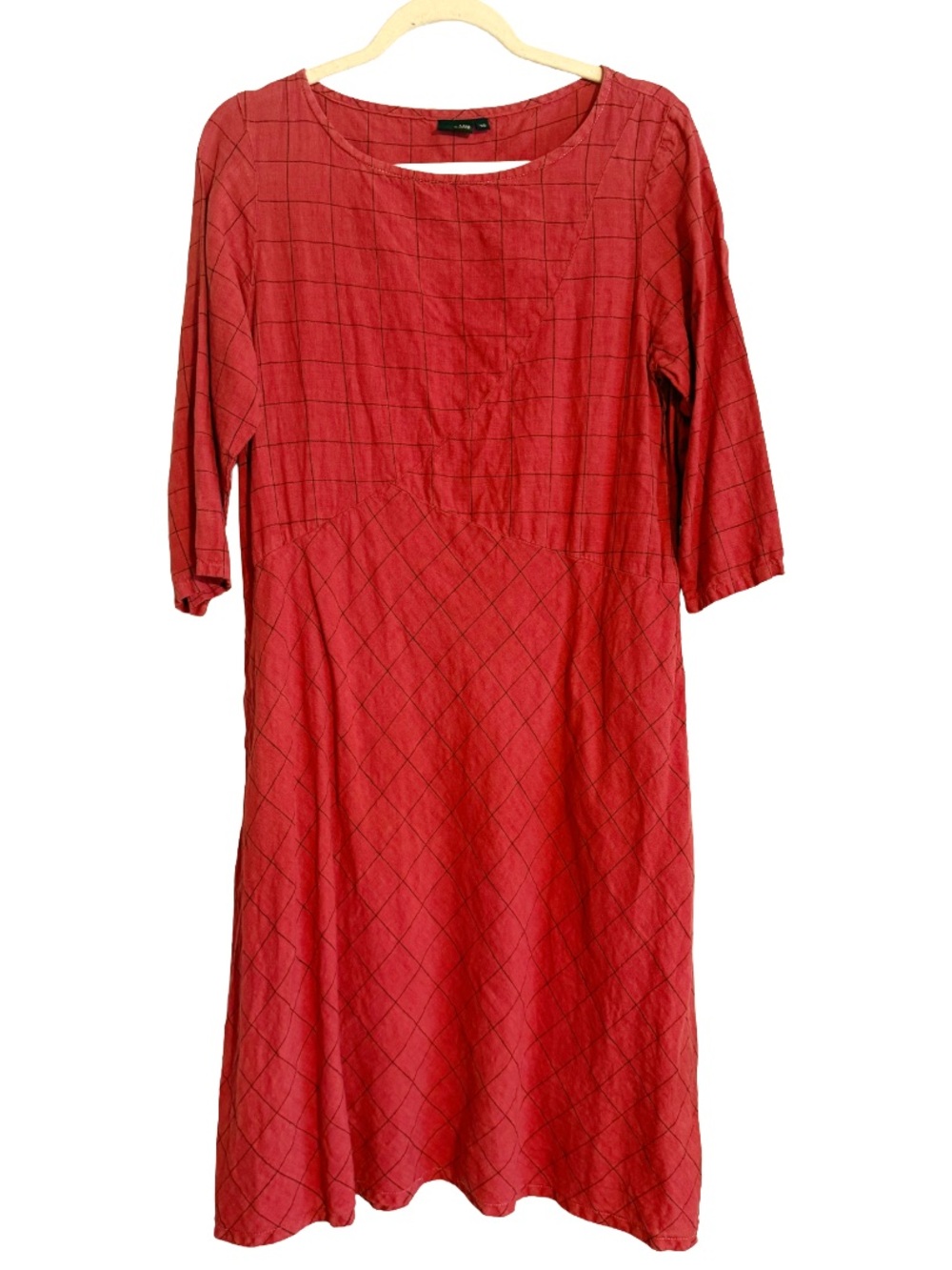 100% Linen 🧱 Red Windowpane Midi Dress S & XS w/ POCKETS
